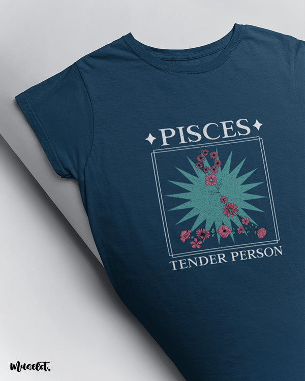 Pisces tender person graphic illustrated navy blue printed t shirt for pisces zodiac at Muselot