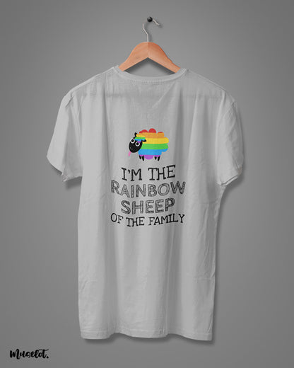 I am the rainbow sheep of the family design illustration printed t shirt in melange grey colour for LGBTQ+ pride by Muselot 