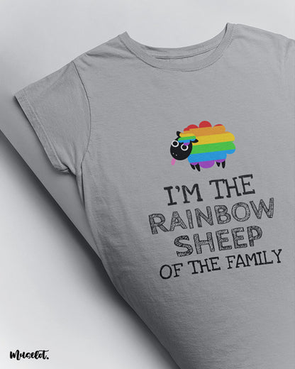 I am the rainbow sheep of the family design illustration printed t shirt in melange grey colour for LGBTQ+ pride by Muselot