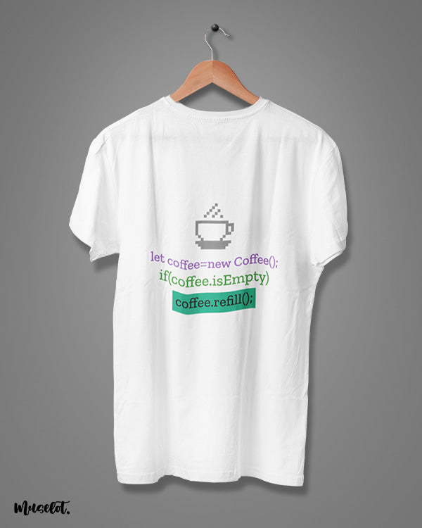 Coffee refill code funny illustration printed t shirt at Muselot in white colour 