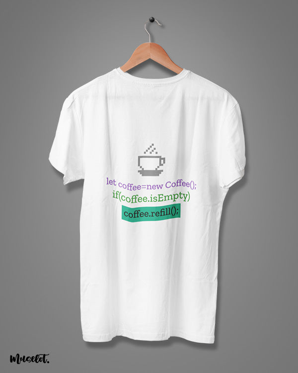 Coffee refill code funny illustration printed t shirt at Muselot in white colour 