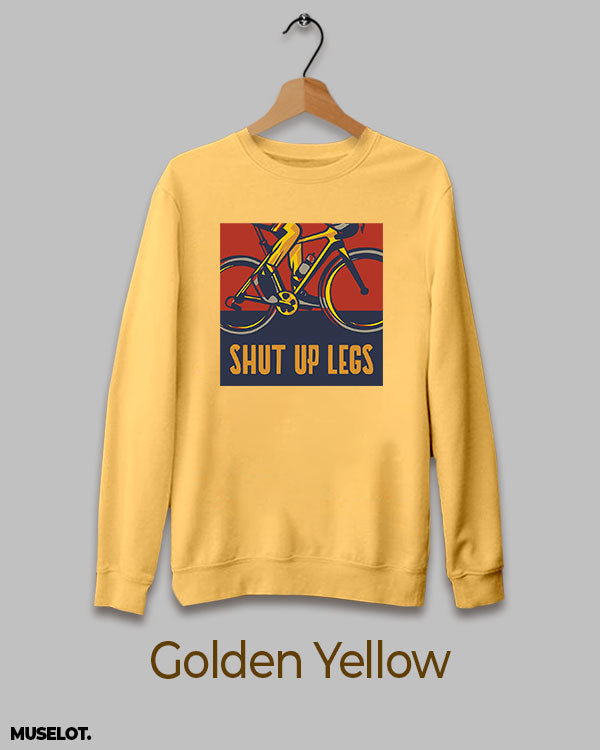 Shut up legs print on sweatshirt for aspiring cyclists in crewneck and golden yellow colour - Muselot