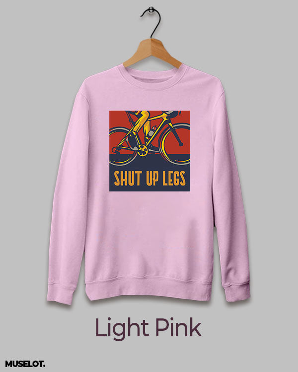 Shut up legs print on sweatshirt for aspiring cyclists in crewneck and light pink colour - Muselot