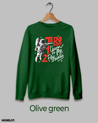 Olive green round neck sweatshirt printed for aspiring astronauts online - Muselot
