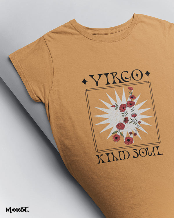Virgo kind soul design illustrated graphic t shirt in mustard yellow for virgos at Muselot