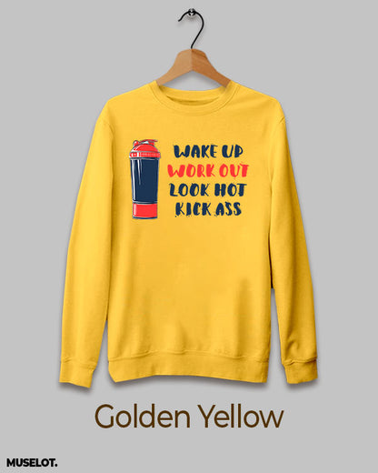 Workout routine print on sweatshirt for women and men online in round neck and golden yellow colour - Muselot
