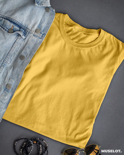 Golden yellow plain t shirts for women in half sleeves and crew neck - MUSELOT