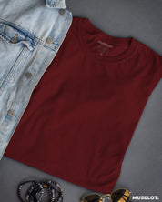 Plain maroon t shirt for women in half sleeves and round neck - Muselot