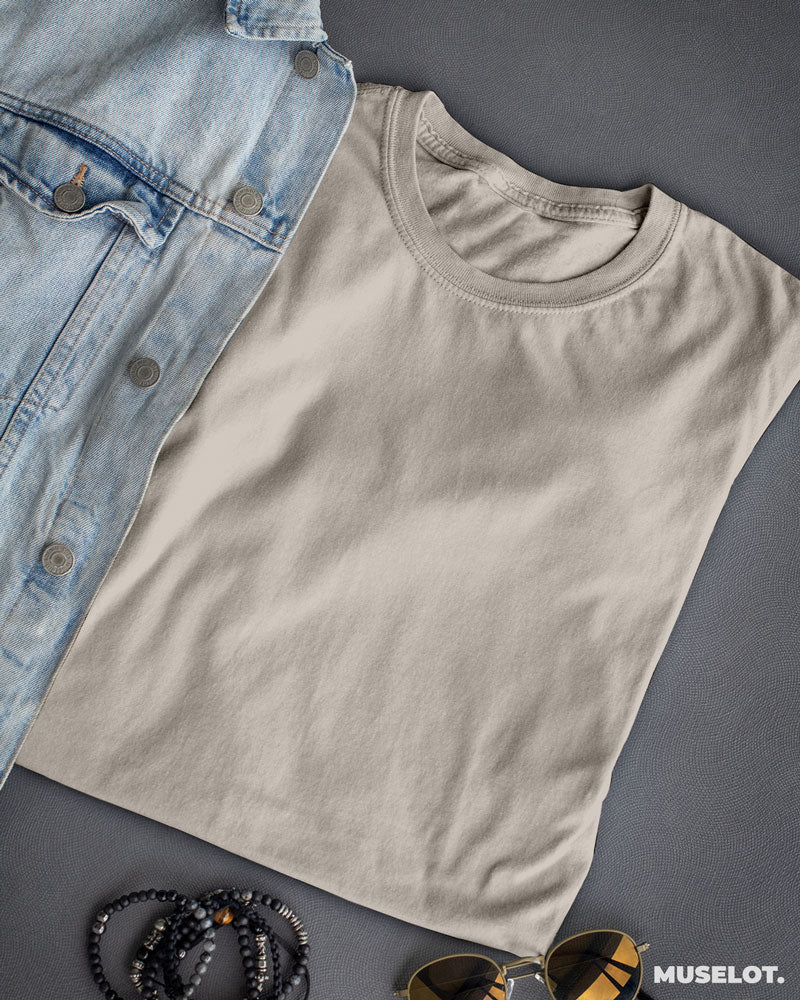 Melange grey plain women's t shirt online in 100% cotton, round neck and half sleeves - MUSELOT