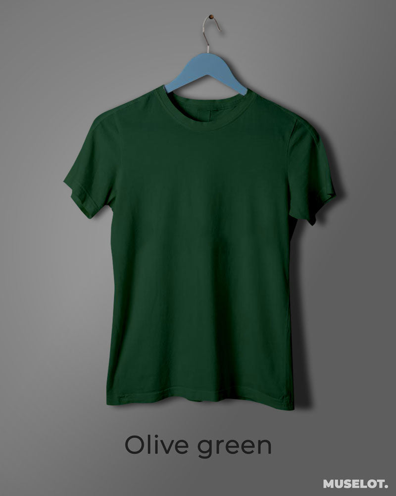 Women's plain olive green t shirt online in 100% cotton, round neck and half sleeves - MUSELOT
