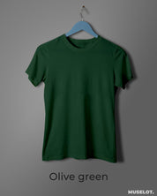 Women's plain olive green t shirt online in 100% cotton, round neck and half sleeves - MUSELOT