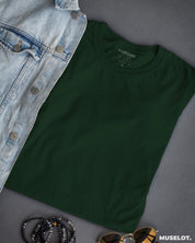 Women's plain olive green t shirt online in 100% cotton, round neck and half sleeves - MUSELOT