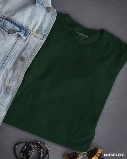 Women's plain olive green t shirt online in 100% cotton, round neck and half sleeves - MUSELOT