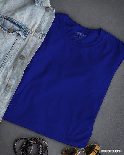 Royal blue plain women's t shirt in 100% cotton, round neck and half sleeves - MUSELOT