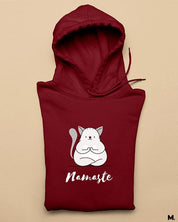 Muselot's Maroon Hoodie with print Namaste! for yoga lovers.