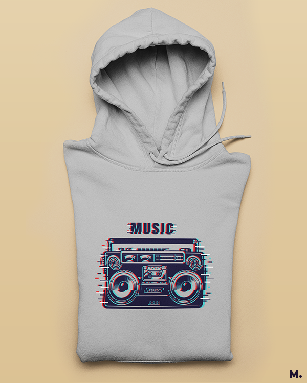Grey hoodie printed with boombox for retro music lovers