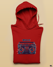 Red hoodie printed with boombox for retro music lovers