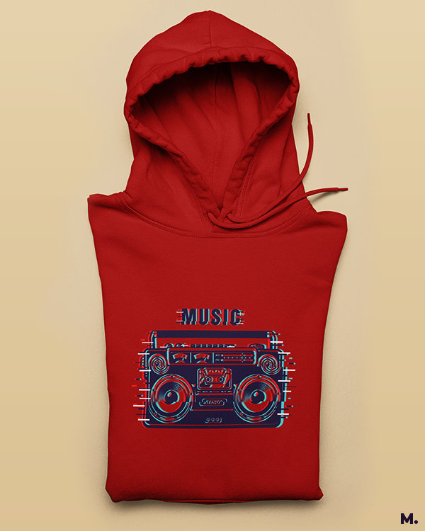 Red hoodie printed with boombox for retro music lovers