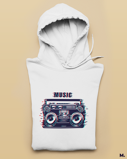 White hoodie printed with boombox for retro music lovers