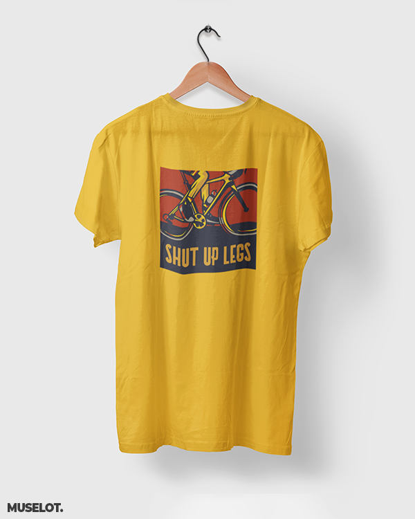 Golden yellow printed t shirts for cyclists printed with shut up legs  - MUSELOT