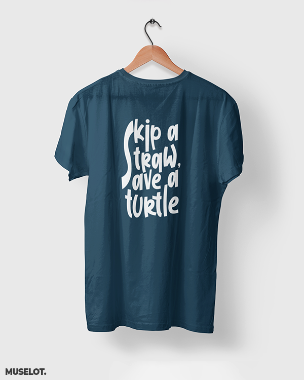 Navy blue printed t shirt for men and women online - Skip a straw, save a turtle  - MUSELOT