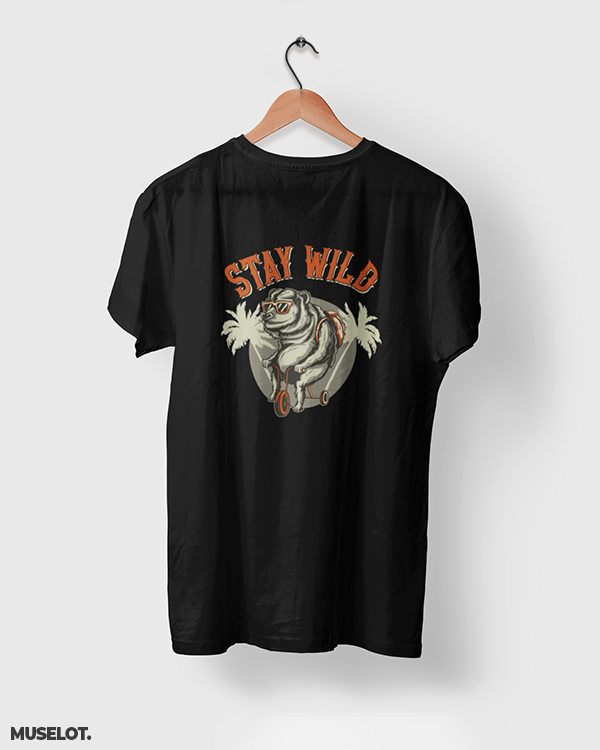 Stay wild printed black t shirt online for travelers and adventurers - Muselot