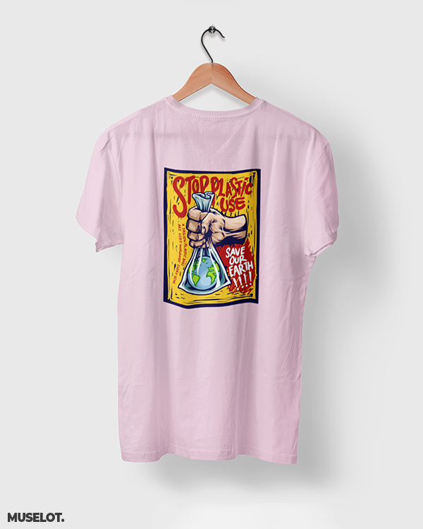 Light pink t shirt printed with stop plastic, save the earth for nature lovers - Muselot