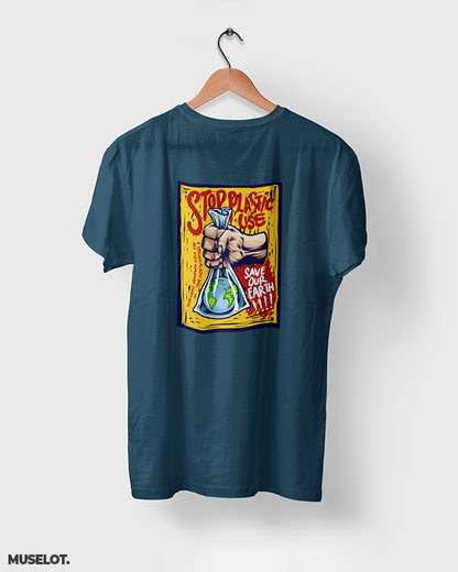 Navy blue t shirt printed with stop plastic, save the earth for nature lovers - Muselot