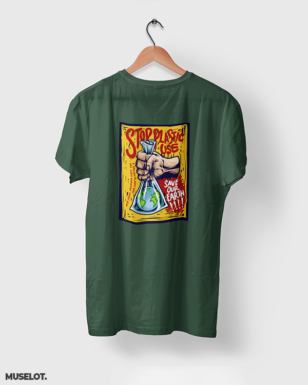 Olive green t shirt printed with stop plastic, save the earth for nature lovers - Muselot