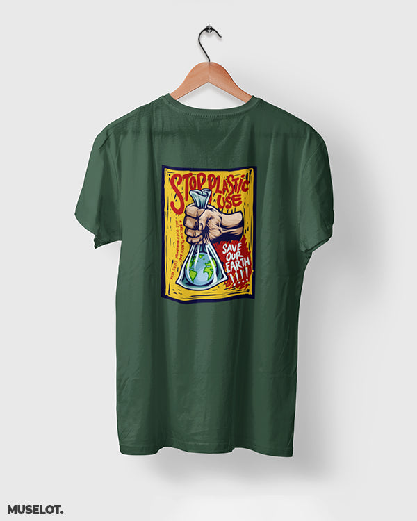 Olive green t shirt printed with stop plastic, save the earth for nature lovers - Muselot