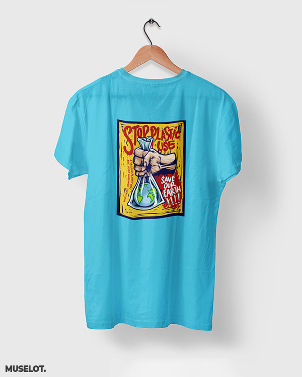 Sky blue t shirt printed with stop plastic, save the earth for nature lovers - Muselot