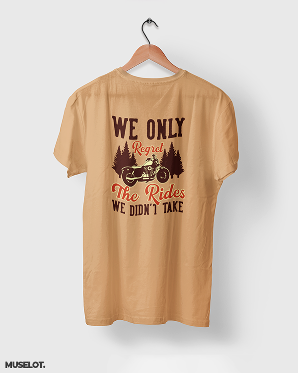 Mustard traveler's printed t shirt online for bike or ride lovers printed with we only regret the rides we didn't take - MUSELOT