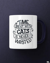 White printed mugs online for cat lovers - Time with cats is never wasted  - MUSELOT