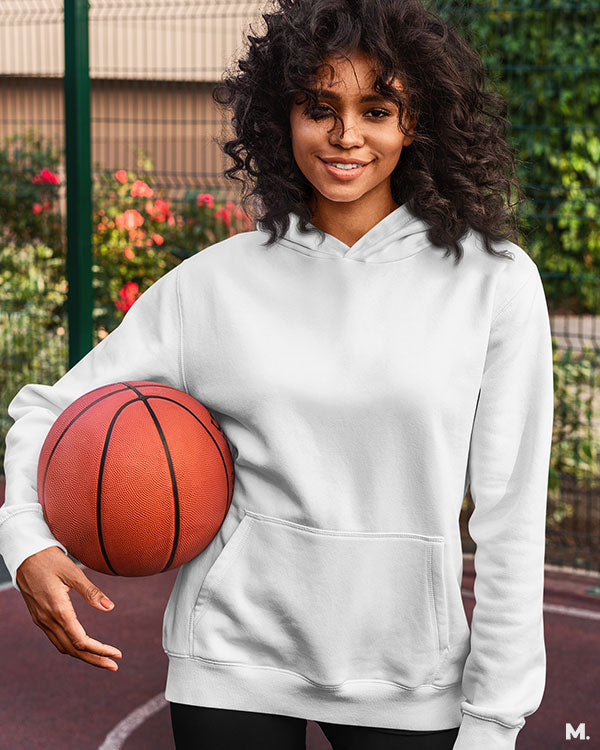 Girl in shop white hoodie