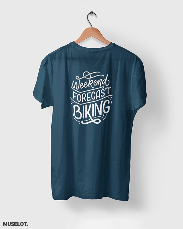 Weekend forecast biking printed t shirt for cycling and biking lovers in navy blue colour - Muselot