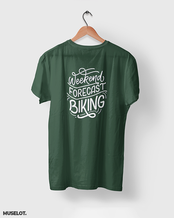 Weekend forecast biking printed t shirt for cycling and biking lovers in olive green colour - Muselot