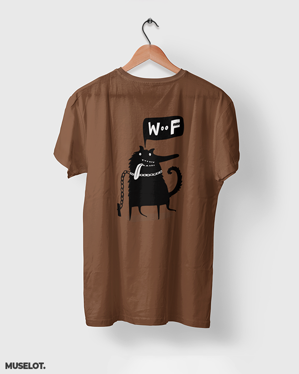 Woof printed unisex t shirt online for dog lovers in coffee brown colour - Muselot
