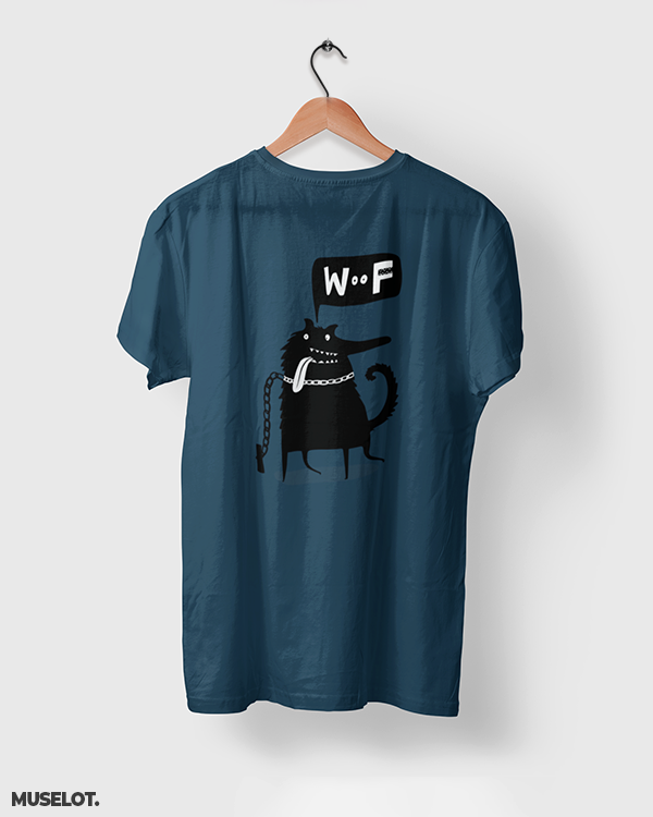 Woof printed unisex t shirt online for dog lovers in navy blue colour - Muselot