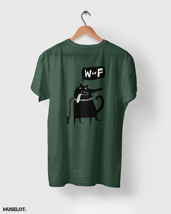 Woof printed unisex t shirt online for dog lovers in olive green colour - Muselot