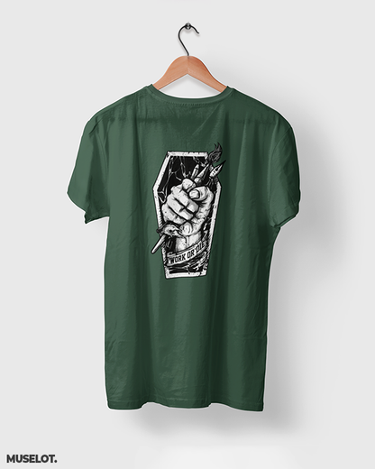 Olive green t shirt printed with motivational quote "work or die" for men and women online who are workaholics - Muselot