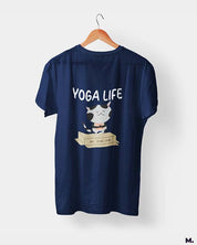 Muselot's Navy t-shirt printed with Yoga life - 100% organic catnip for yoga and cat lovers.