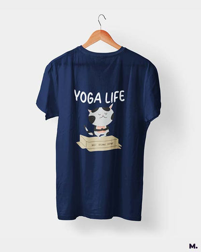 Muselot's Navy t-shirt printed with Yoga life - 100% organic catnip for yoga and cat lovers.