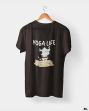Muselot's Charcoal grey t-shirt printed with Yoga life - 100% organic catnip for yoga and cat lovers.