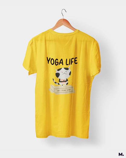 Muselot's Golden Yellow t-shirt printed with Yoga life - 100% organic catnip for yoga and cat lovers.