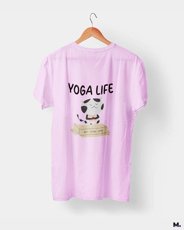 Muselot's Light Pink t-shirt printed with Yoga life - 100% organic catnip for yoga and cat lovers.