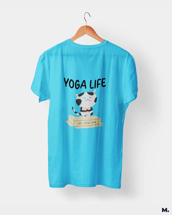 Muselot's Sky Blue t-shirt printed with Yoga life - 100% organic catnip for yoga and cat lovers.
