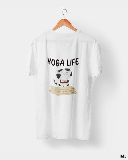 Muselot's White t-shirt printed with Yoga life - 100% organic catnip for yoga and cat lovers.