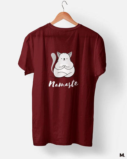 Muselot's Maroon t-shirt printed with Namaste! for yoga and cat lovers.