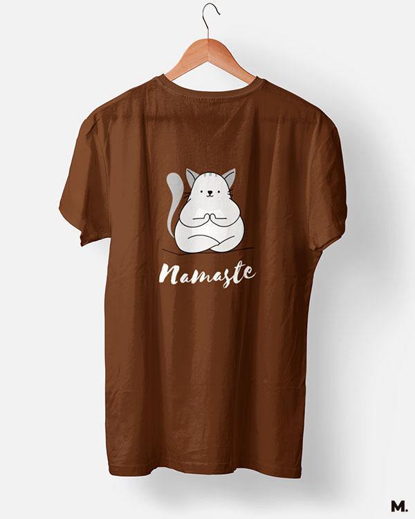 Muselot's Coffee Brown t-shirt printed with Namaste! for yoga and cat lovers.
