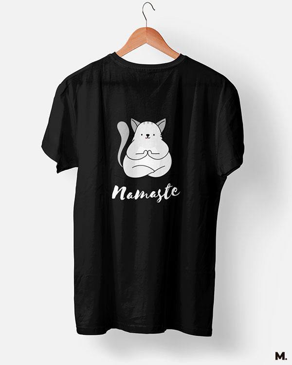 Muselot's black t-shirt printed with Namaste! for yoga and cat lovers.